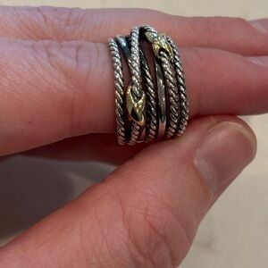 David Yurman double X cross over ring, size 6.5, silver and gold detailing